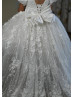 Puff Sleeves Ivory Satin Lace Floral Flower Girl Dress With Removable Train